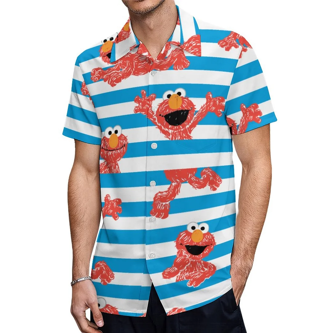 Bulu Red Crayon Elmo Stripe Grover Sunshine Hawaiian Shirt Mens Button Down Plus Size Tropical Hawaii Beach Shirts