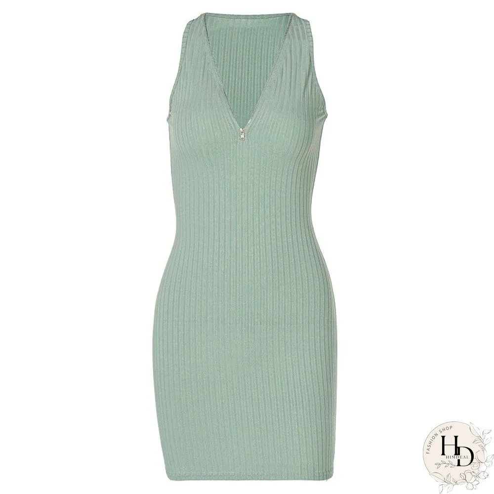 New Spring Fashion Street Shooting Sexy V-neck Zipper Sleeveless Dress Womens Foreign
