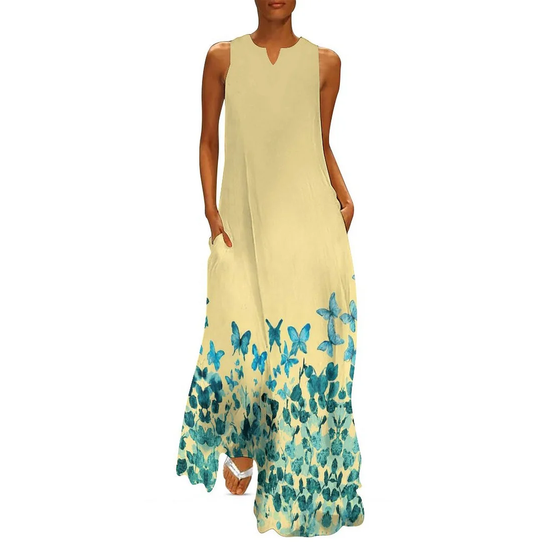 Style & Comfort for Mature Women Plus Size Printed Sleeveless Casual Women Maxi Dress with Pockets in Pattern Blue, Yellow, Floral