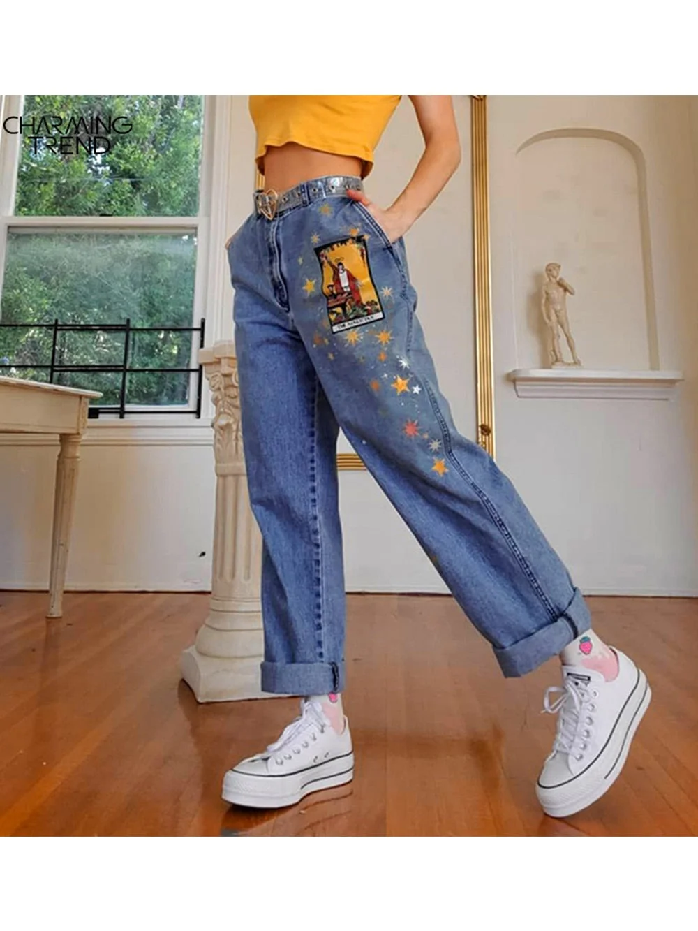 Sonicelife Womens Jeans Star Cartoons Pattern Printed 2023 Autumn Winter Denim Trousers fit Young Girl Vintage Cute female Jeans Pant Blue