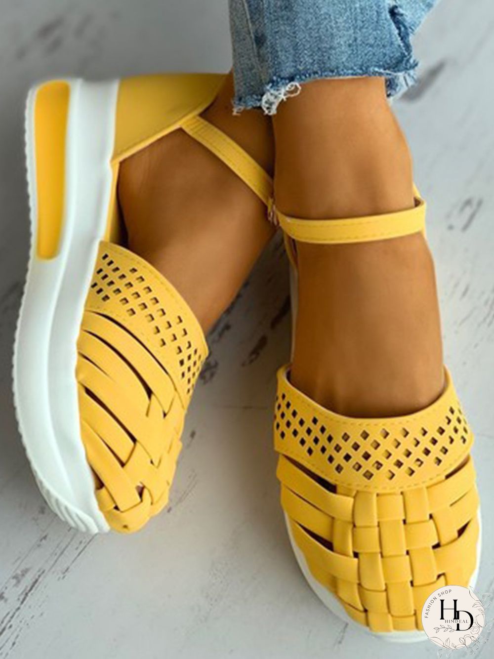 Braided Breathable Cutout Toe Platform Buckle Sandals