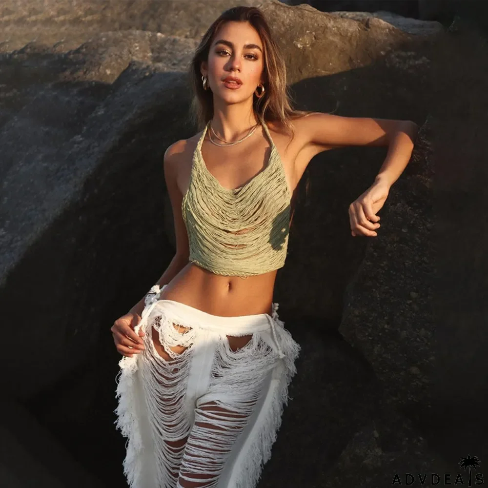 Summer Women Knitting Hollow Tassel Halter Neck Solid Slim Top