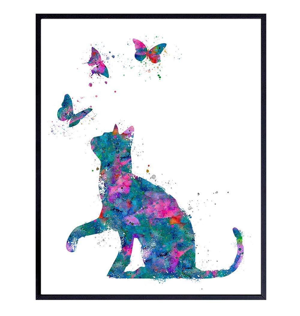 Cat Wall Art - Butterfly Room Decor, Home Decoration for Kids Bedroom, Living Room, Girls, Teens, Toddler, Baby Room or Nursery - Cute Cat Wall Decor Gift for Kitty, Pet Lover - Colorful Watercolor