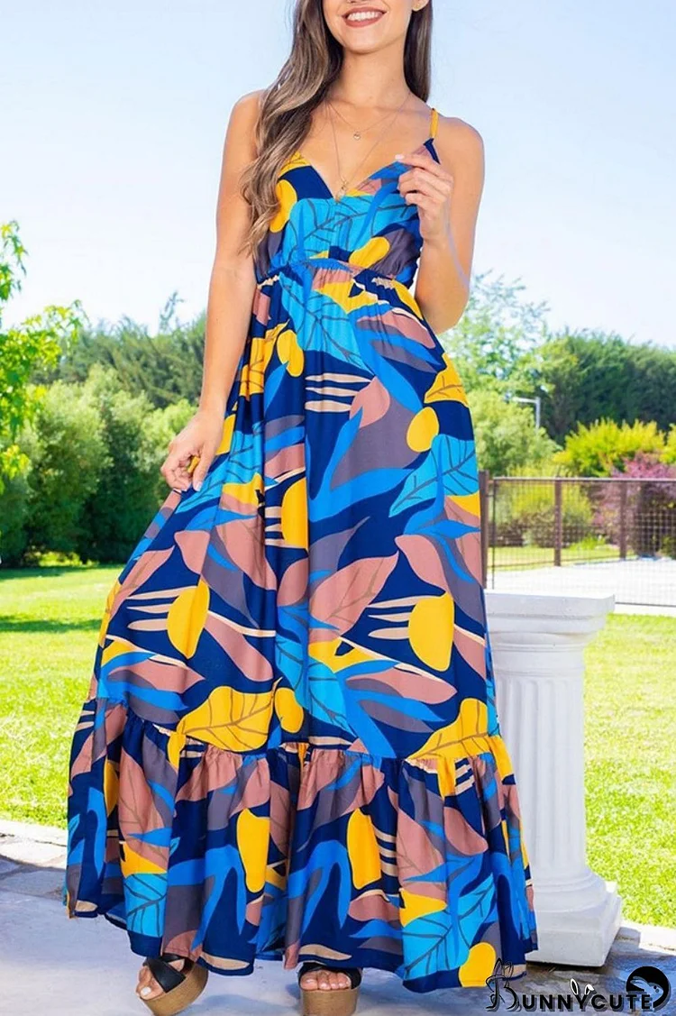 Blue Sexy Print Backless Spaghetti Strap Long Dress Dresses