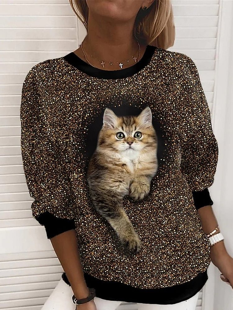 Women's T-Shirts Cat Print Round Neck Long Sleeve Casual T-Shirt