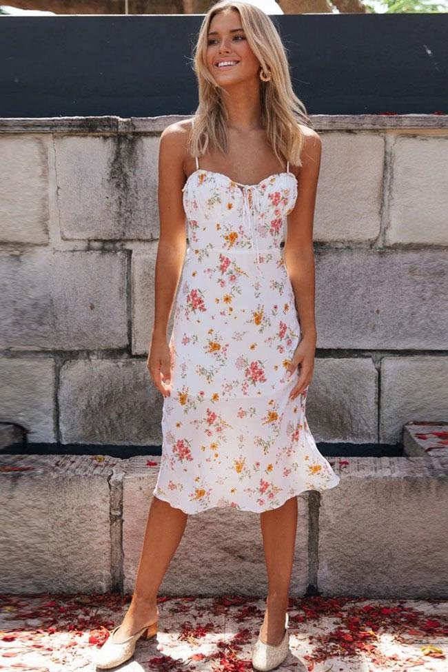 Daisy Floral Ruched Trim Spaghetti Beach Midi Dress-elleschic