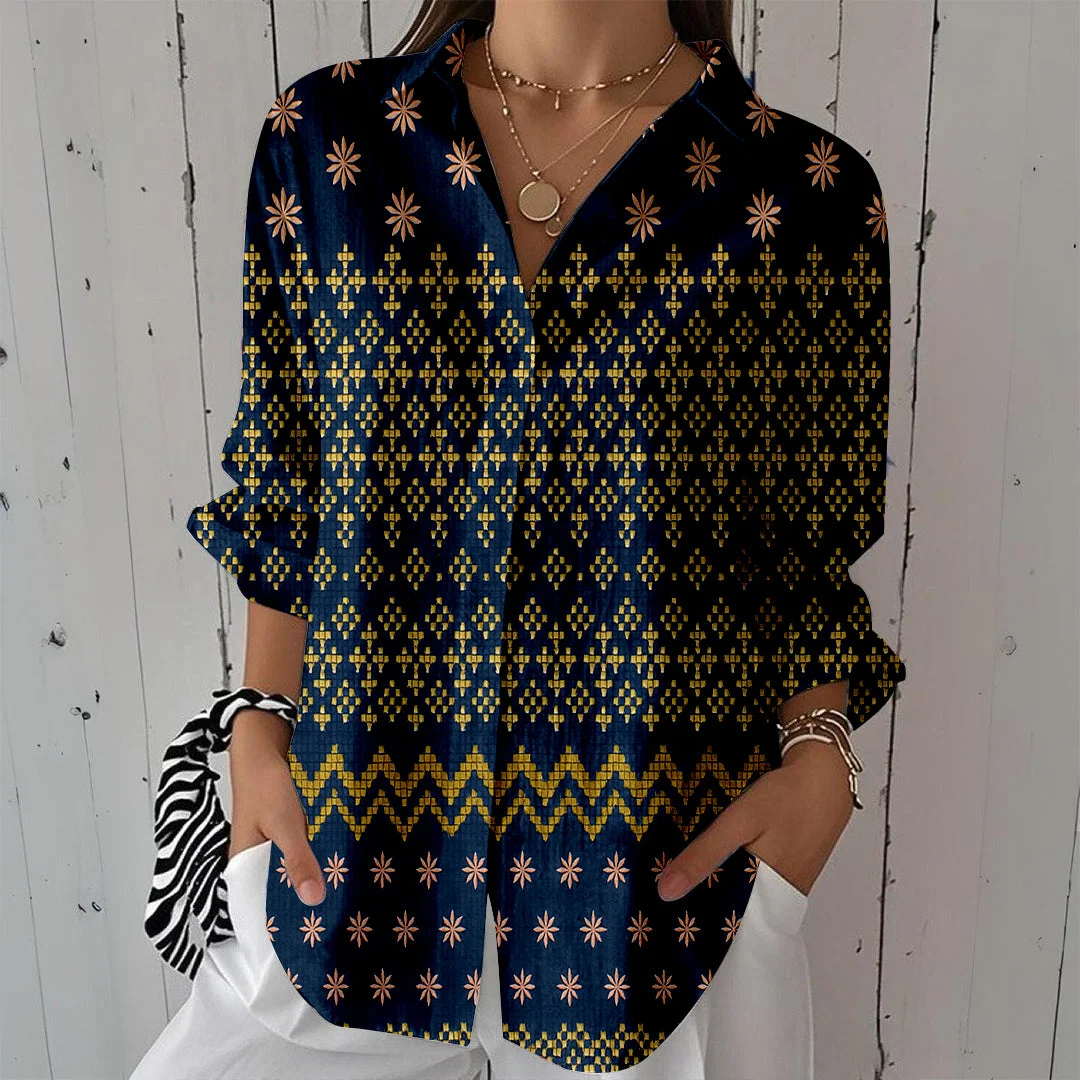 Style & Comfort for Mature Women Women Retro Black, Gold DZCL0328 3/4 Sleeve Shirt Collar Printed Button Tops