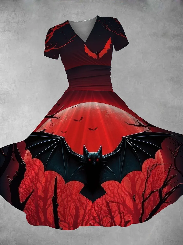 Women's Vintage Halloween Bat Print Maxi Dress