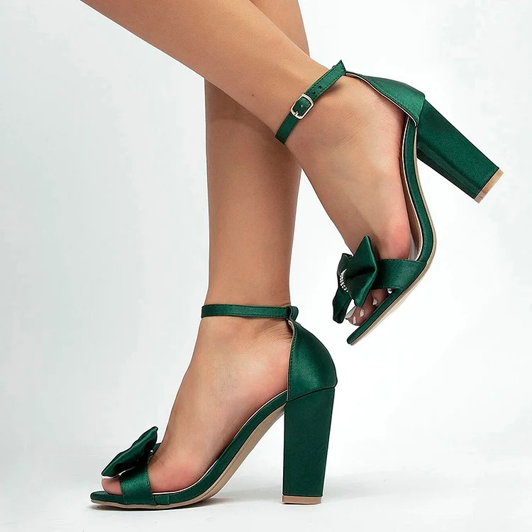 Dark Green Ankle Strap Sandals Women's Rhinestone Bow Heel Satin Shoes |FSJ Shoes
