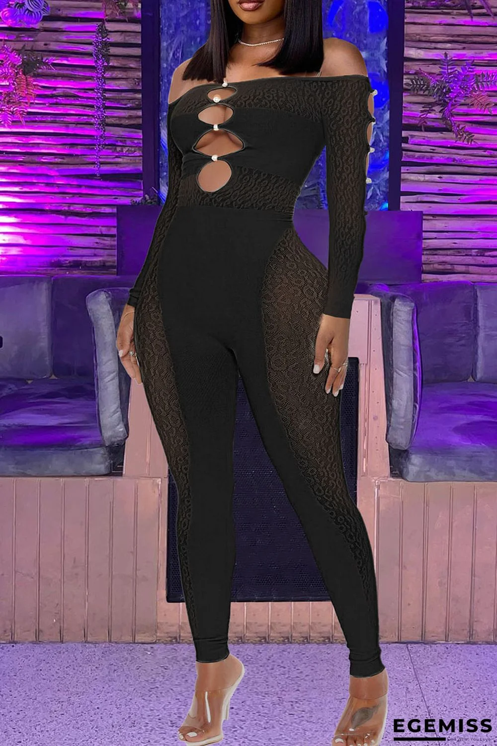 Black Sexy Solid Hollowed Out Patchwork See-through Off the Shoulder Skinny Jumpsuits | EGEMISS