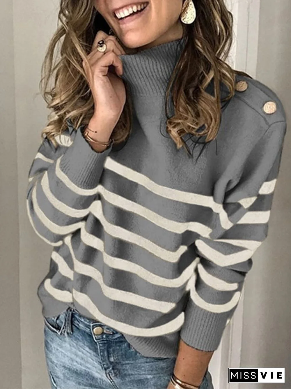 Casual Classic Striped Half Turtleneck Knit Top