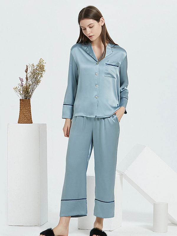 High Quality Classic Long Silk Pajamas For Women Sky Blue