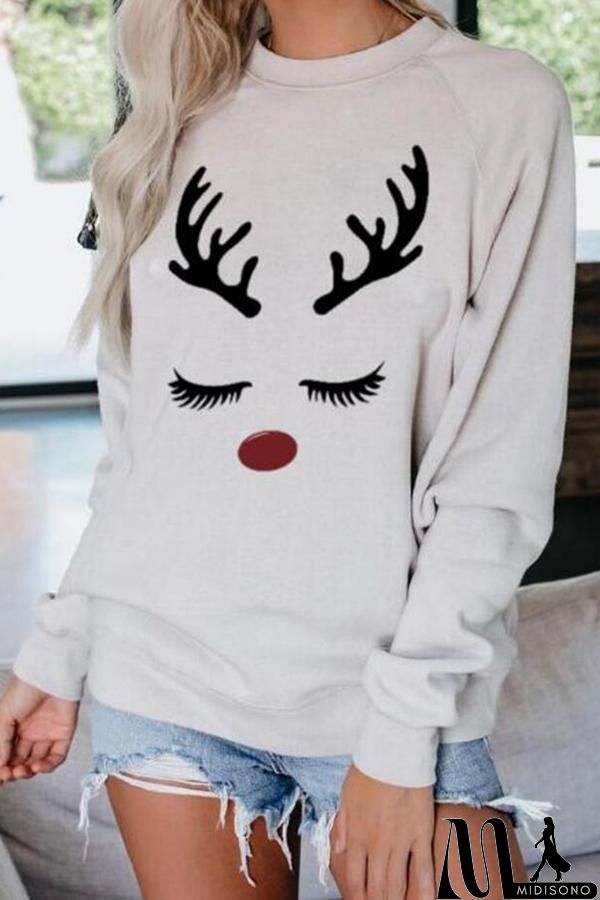 MidiSono - Elk Print Round Collar Sweatshirt