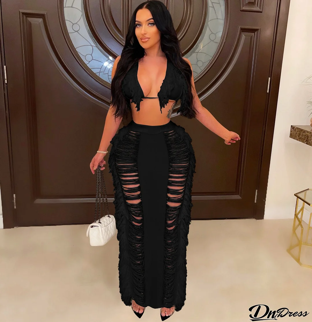 Summer Women sexy tassel knitting beach dress two-piece set