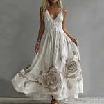 Women's Rose Embroidery Art V-neck Suspender Maxi Dress - Image 2