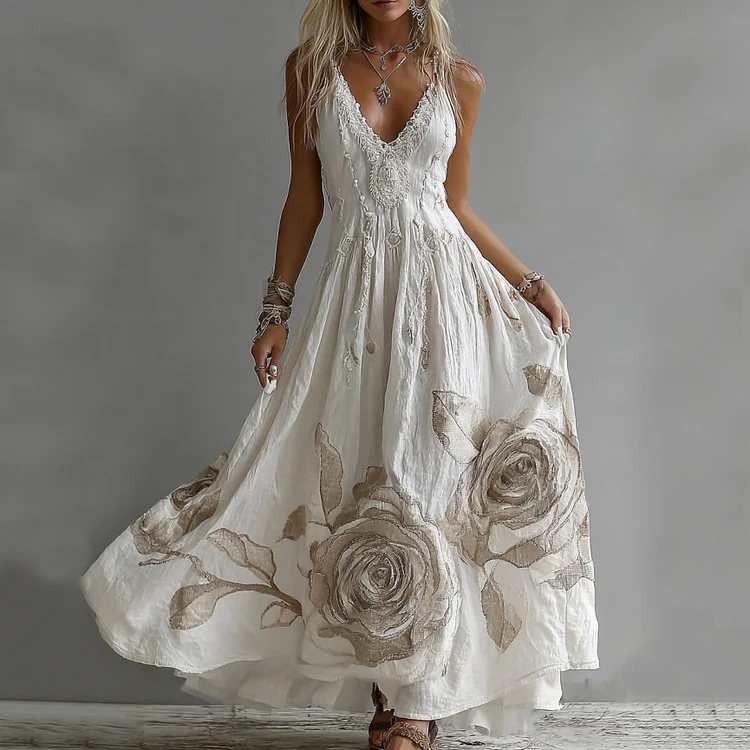 Women's Rose Embroidery Art V-neck Suspender Maxi Dress