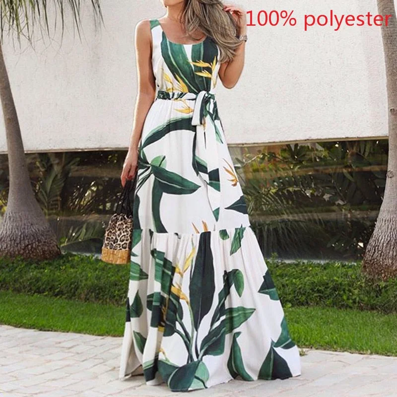 Floral Print Bohemian Long Dress Celmia Women 2022 Summer Elegant Sleeveless Beach Maxi Sundress Casual Belted Party Vestidos