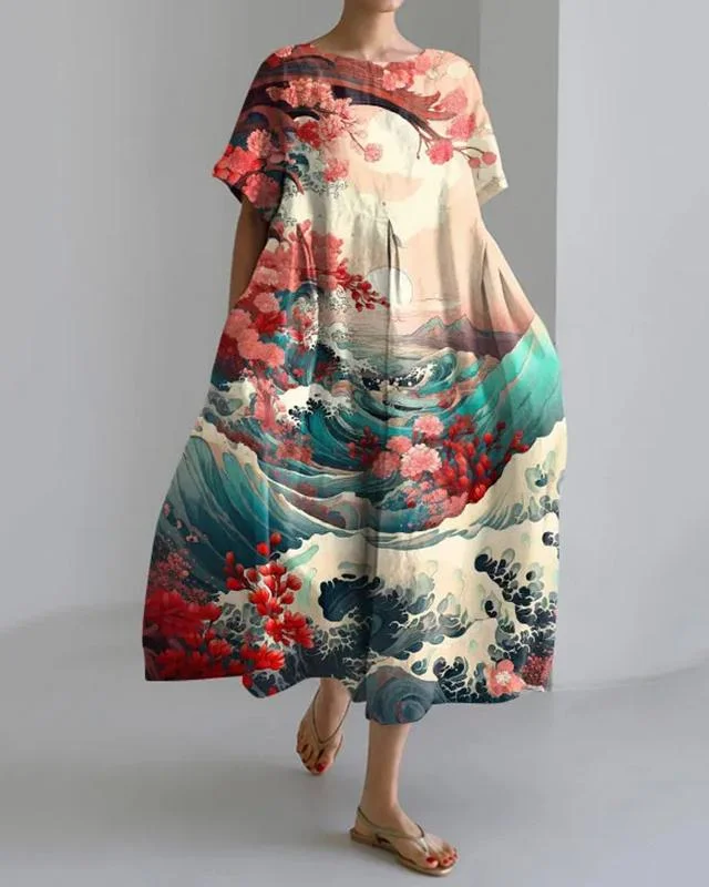 Wave Floral Japanese Art Loose Short Sleeve Midi Dress