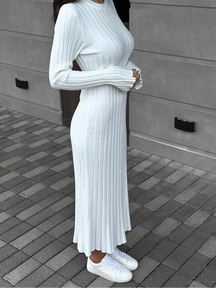 Uveng Uveng Spring Knitting Bottom Long Sleeve Long Dress Women's Round Neck Solid Color Strap High Waist Tight Dress