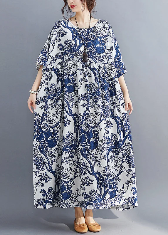 Casual Blue O-Neck Print Patchwork Wrinkled Maxi Dresses Summer