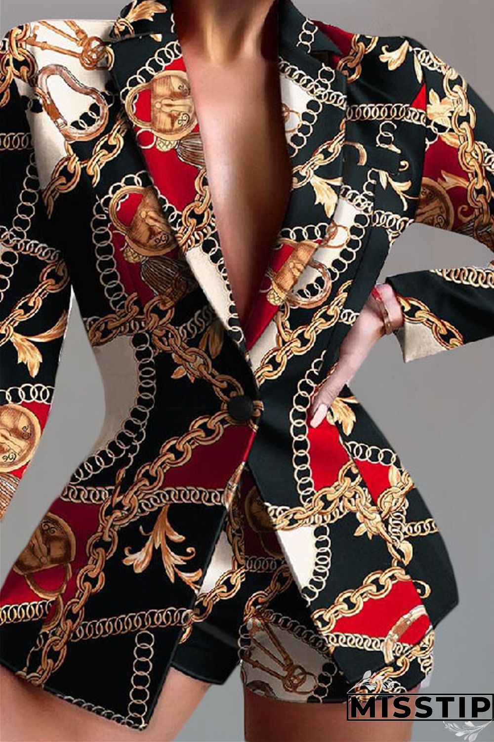 Black Fashion Casual Print Patchwork Turndown Collar Long Sleeve Two Pieces