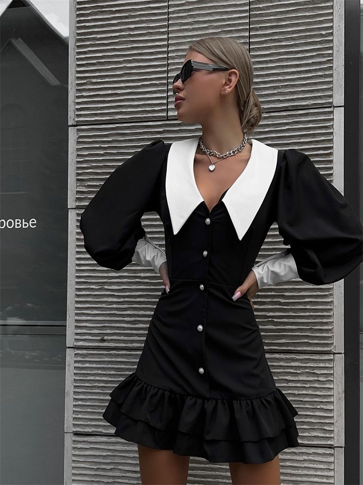 Ootddress Black Ruffled Patchwork Mini Dress For Women High Waist V-Neck Slim Fashion Elegant Party Dress Gown Women's Sexy Dress