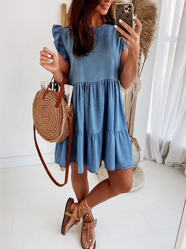 Women's Denim Dress Swing Dress Mini Dress Denim Fashion Casual Outdoor Daily Crew Neck Ruched Smocked Short Sleeve Summer Spring Fall 2023 Loose Fit Blue Plain S M L XL | IFYHOME