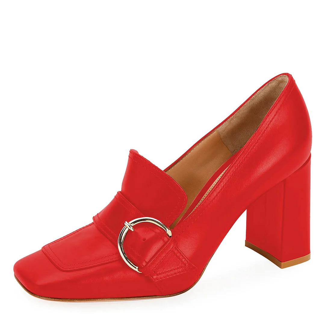 Red Vegan Leather Chunky Heel Buckle Strap Square Toe Women's Loafers