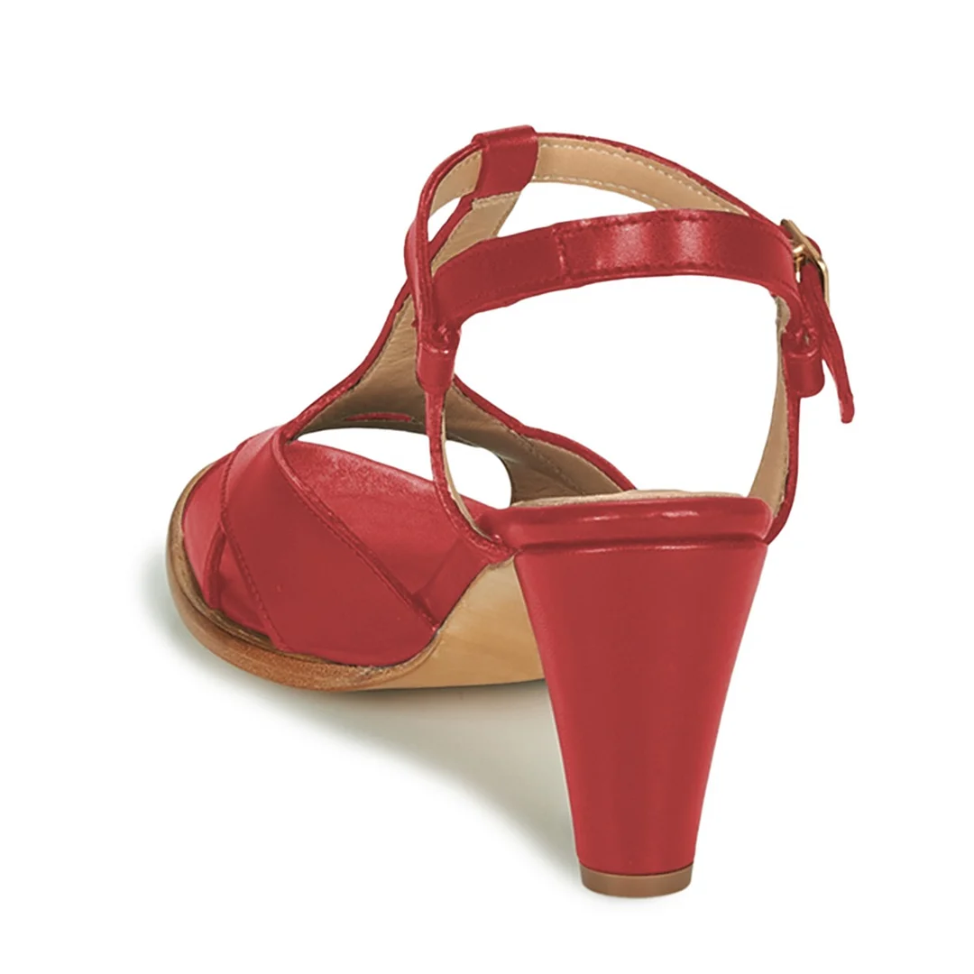 Red Open Round Toe Buckled T-Strap Simple Women's Heel Sandals