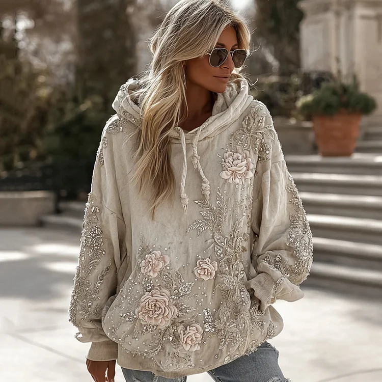 Women's Vintage Floral Embroidery Art Casual Hoodie
