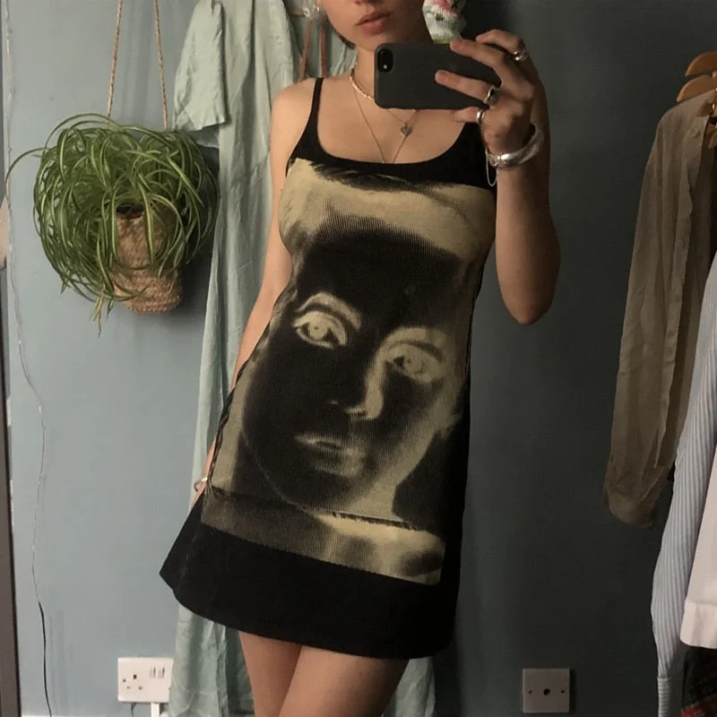 Graphic Print Cami Dress Harajuku Streetwear 90s Vintage Women Sleeveless Spaghetti Strap Bodycon Dress Punk Style Gothic