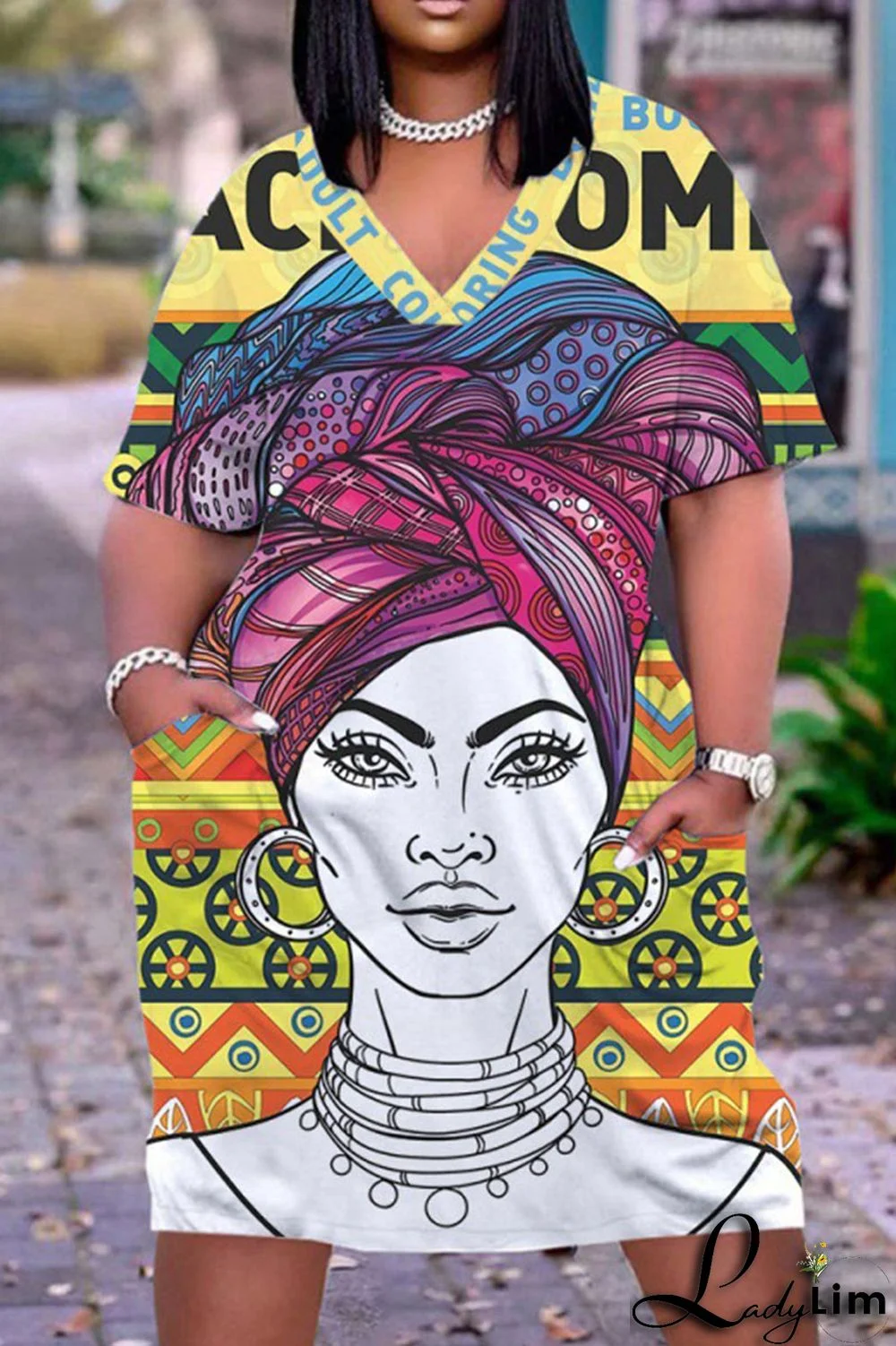 Red Casual Print Patchwork V Neck Straight Dresses