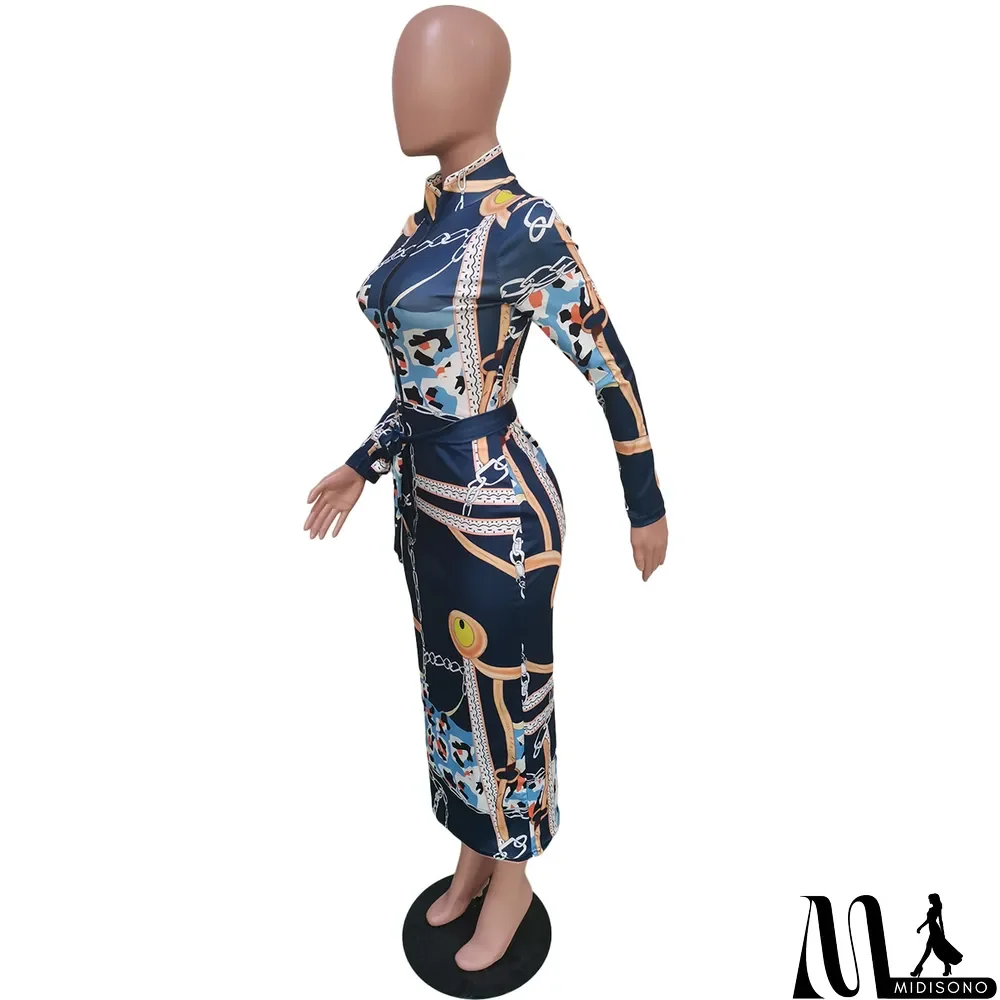 MidiSono - Women's Zip-Up Print Midi Dress (with Belt)
