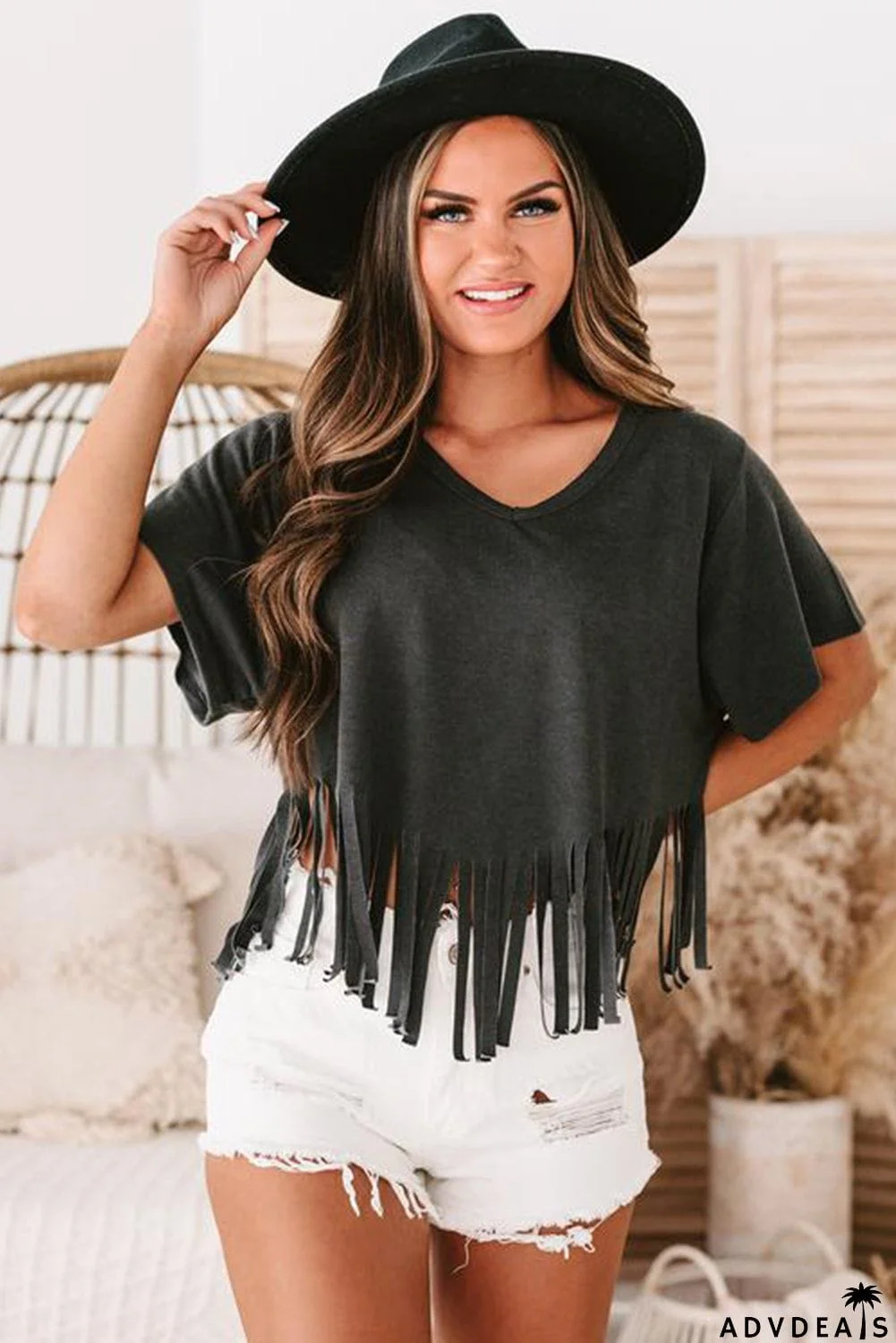 Fringe Hem V Neck T Shirt