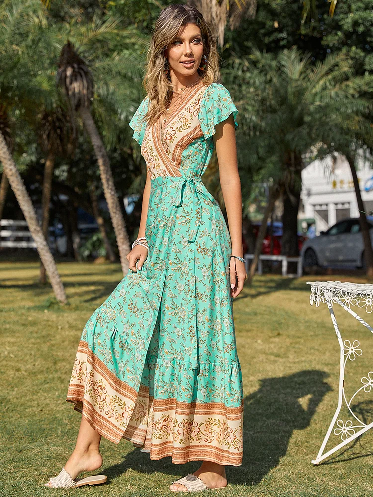 Elegant Sexy Boho Cotton Floral V-Neck Beach Slip Vacation Dress