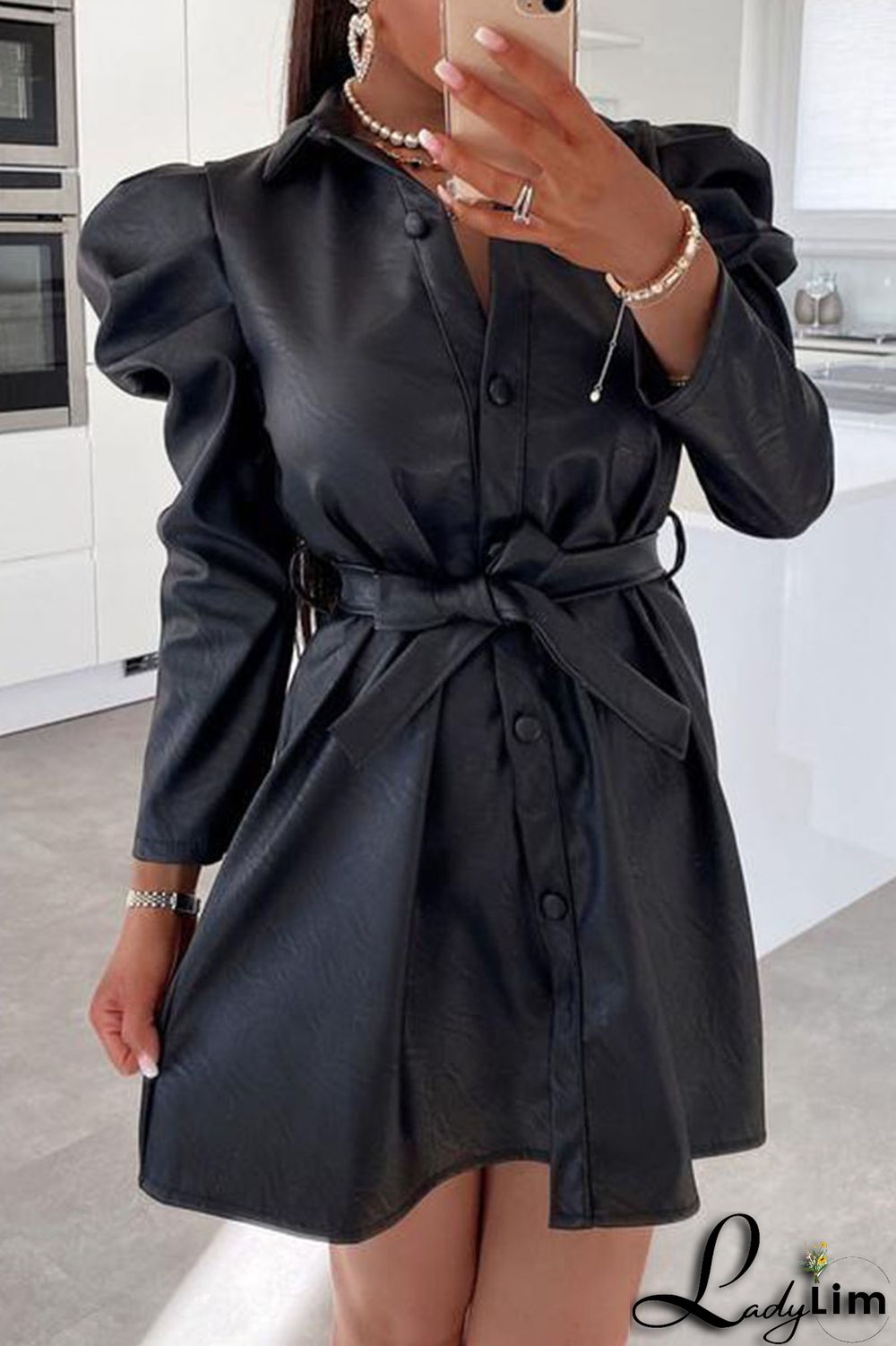 Khaki Fashion Casual Solid Split Joint Buckle Turndown Collar A Line Dresses