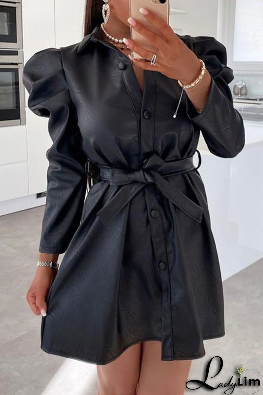Khaki Fashion Casual Solid Split Joint Buckle Turndown Collar A Line Dresses