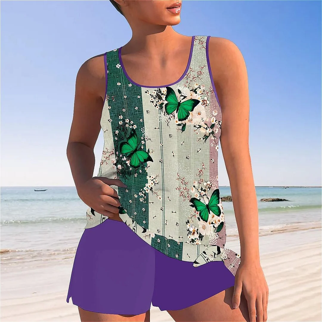 Bowknot Floral,Pink,Green,Stitch Mid Waisted Tankini Set - Plus Size Available