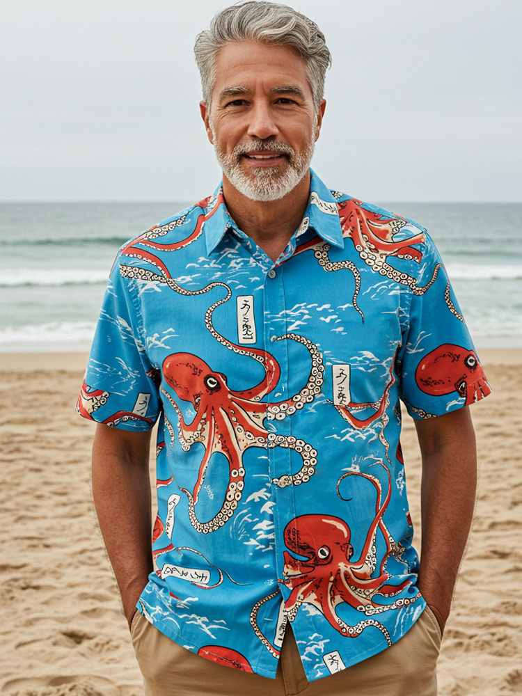 Comstylish Men's Casual Japanese Art Ocean Octopus Printed Shirt