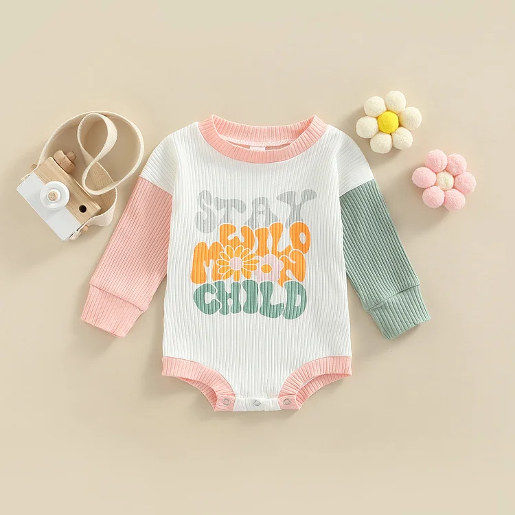 Baby Girl Floral & Letter Print Block Color Long Sleeve Bodysuit