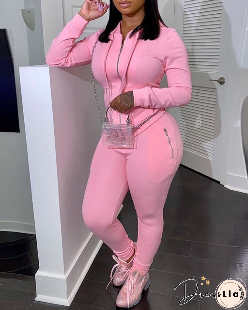 Zipper Design Hooded Top & Pants Set P16450