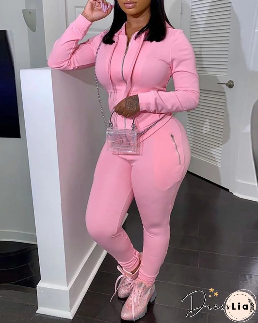 Zipper Design Hooded Top & Pants Set P16450