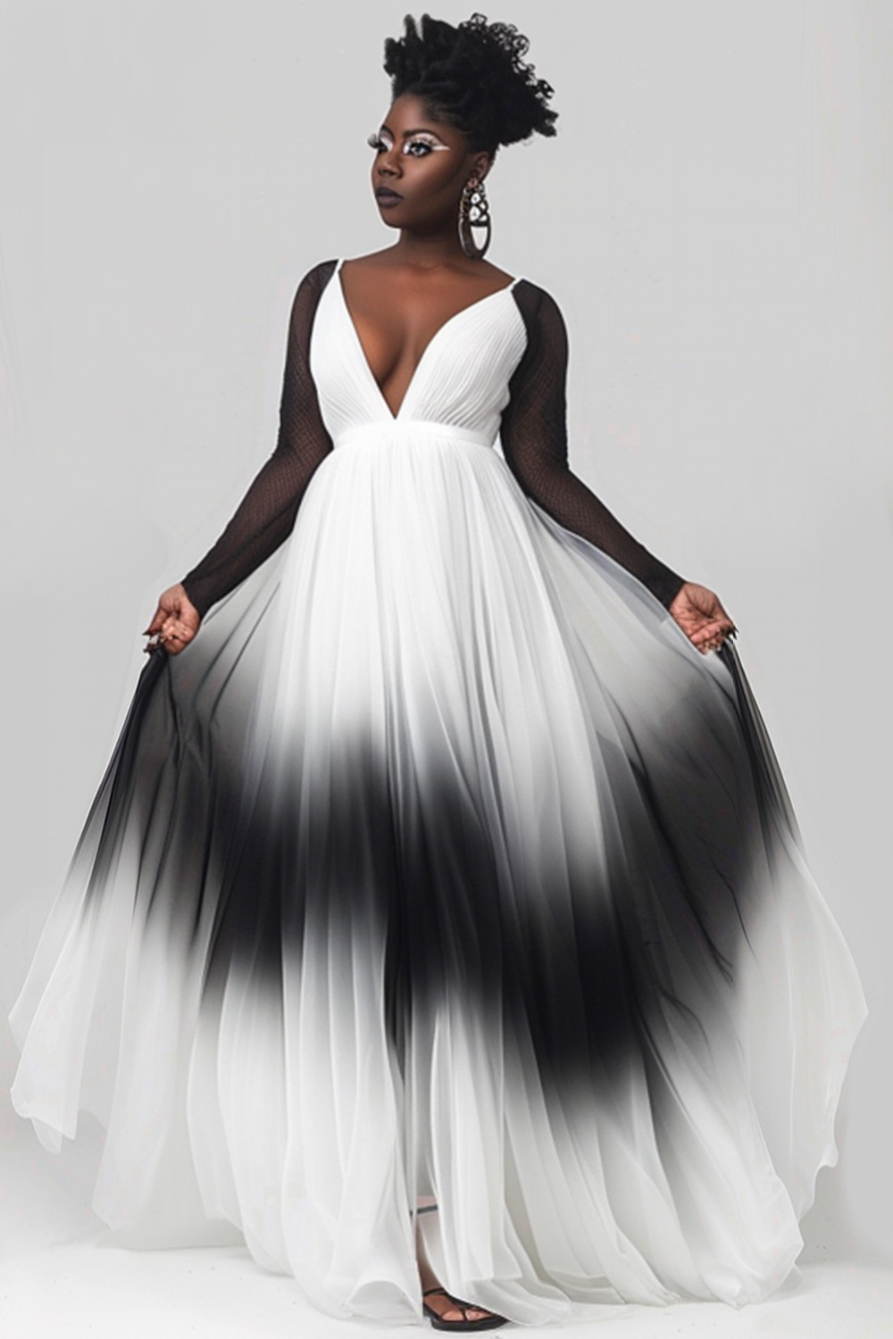 Design Plus Size Formal Elegant White Gradient V Neck Long Sleeve See Through Mesh Maxi Dresses [Pre-Order]