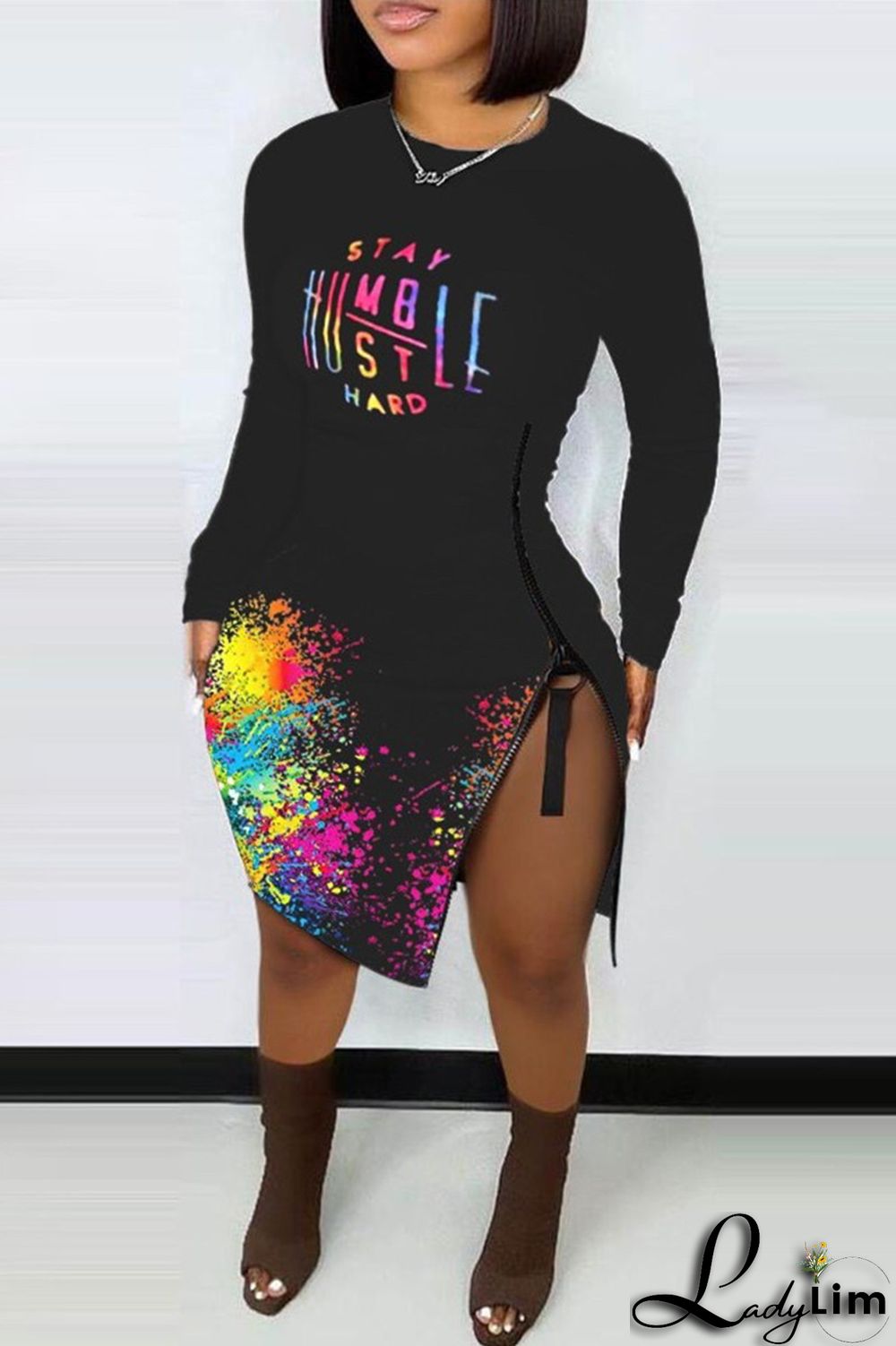 Multicolor Fashion Casual Print Split Joint Slit O Neck Long Sleeve Dresses