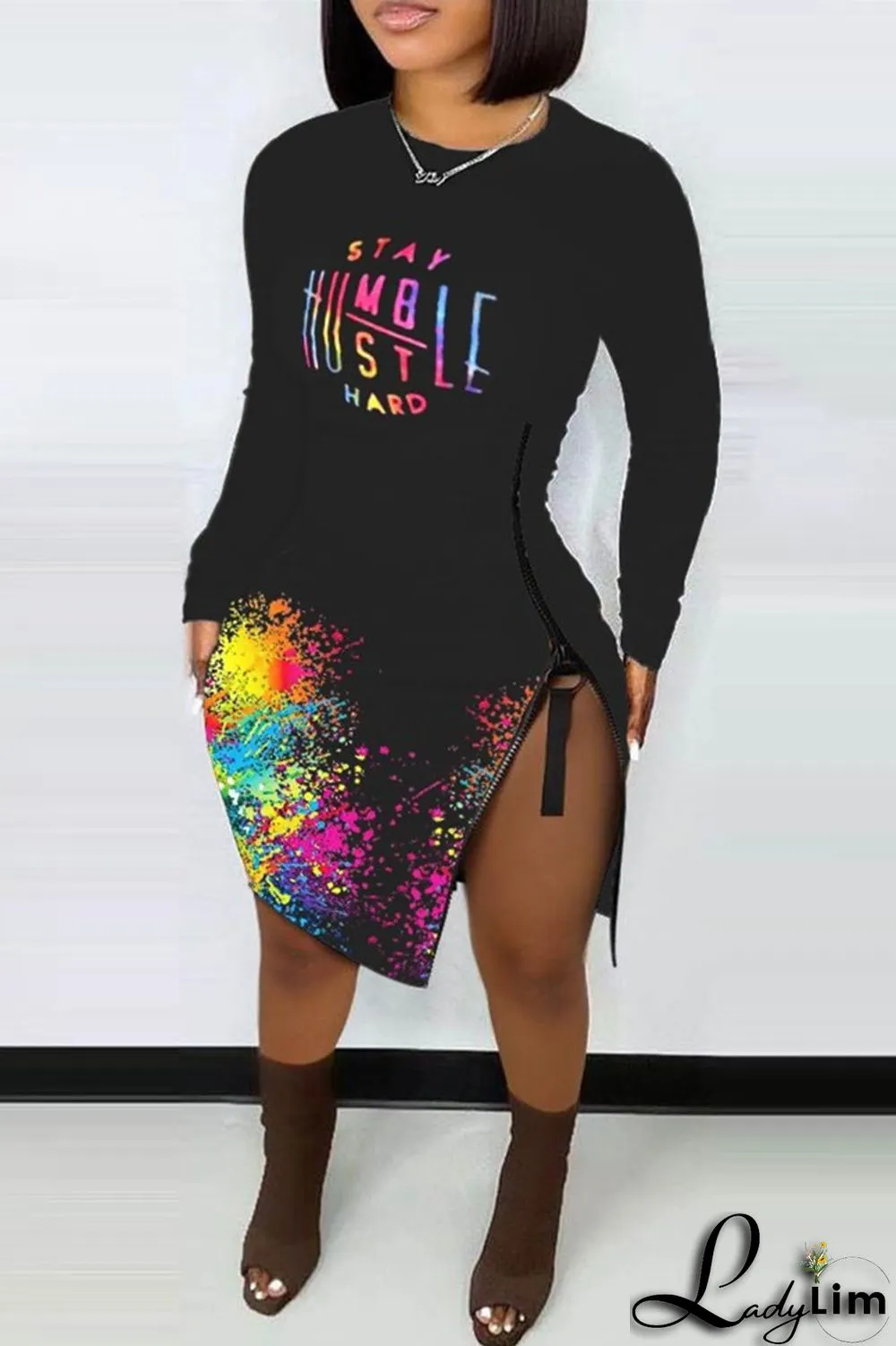 Multicolor Fashion Casual Print Split Joint Slit O Neck Long Sleeve Dresses