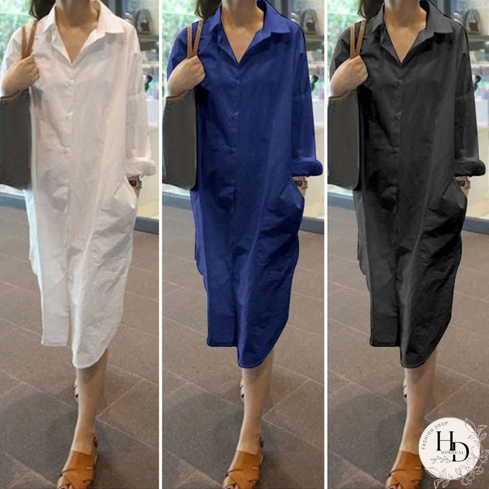 Women Spring Lady's Fashion Solid Color Button Up Shirts Lapel Collar Dresses Long Sleeve Long Maxi Baggy Vestido