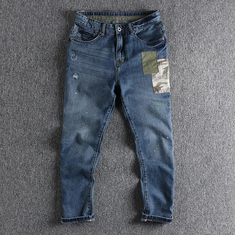 All-match Patch Washed Distressed Whiskers Ripped Jeans