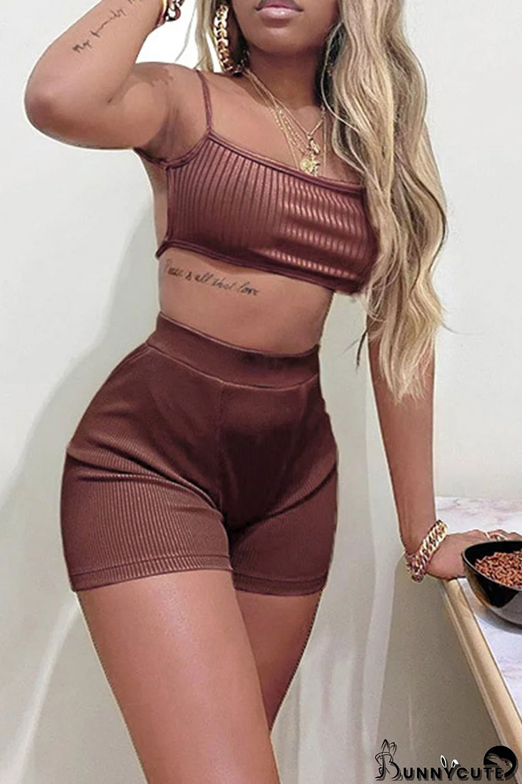 Brown Sexy Casual Print Backless Spaghetti Strap Sleeveless Two Pieces