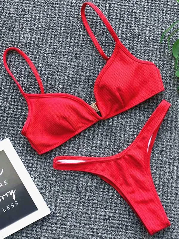 Plain V Wired Ribbed Thong Bikini Swimsuit