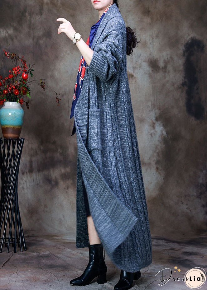 Loose Grey V Neck Woolen knit trench coats Spring
